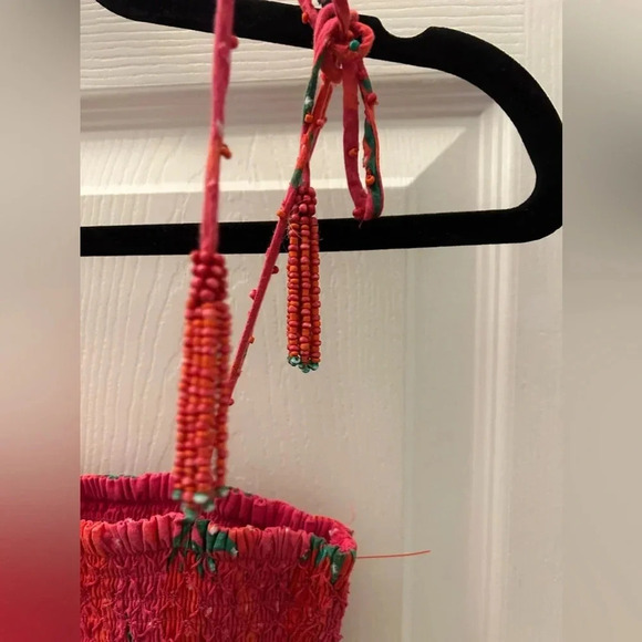 Farm Rio Red Pepper Smocked Tie Ruffle Hem Beaded Strap Dress Red XSmall - Picture 5 of 6